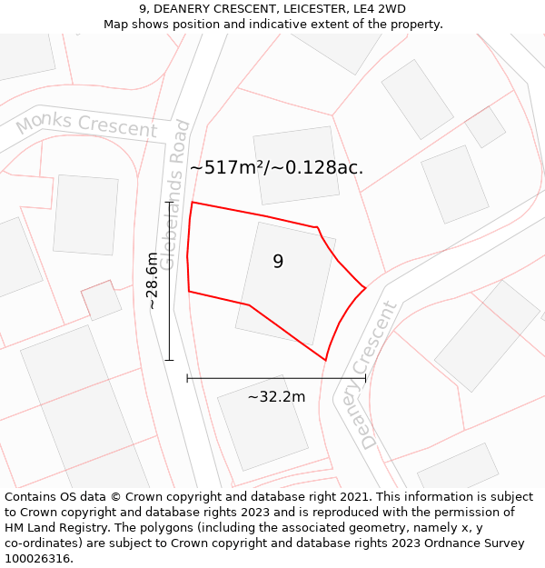 9, DEANERY CRESCENT, LEICESTER, LE4 2WD: Plot and title map
