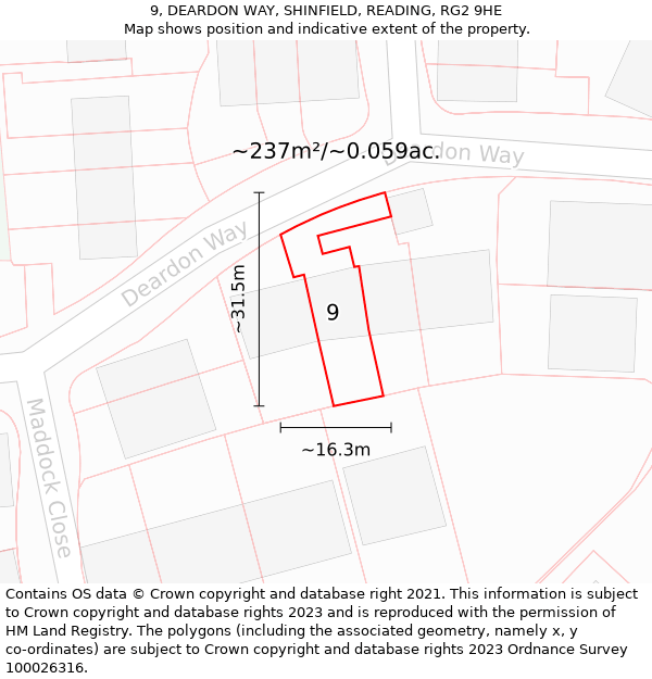 9, DEARDON WAY, SHINFIELD, READING, RG2 9HE: Plot and title map