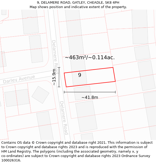 9, DELAMERE ROAD, GATLEY, CHEADLE, SK8 4PH: Plot and title map