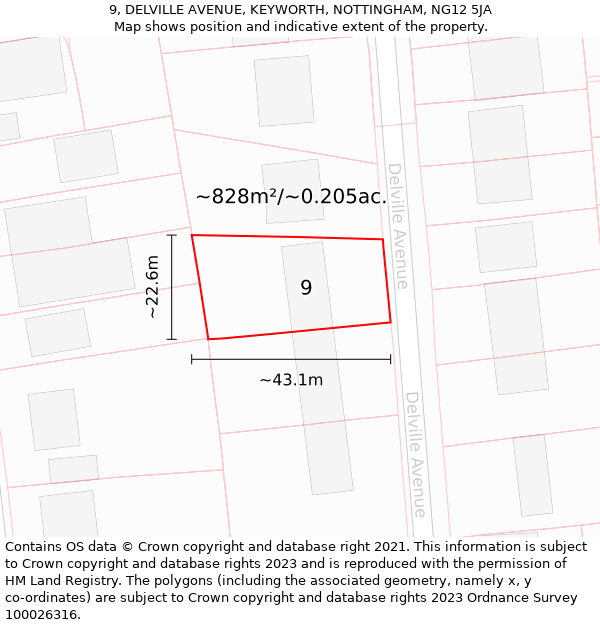 9, DELVILLE AVENUE, KEYWORTH, NOTTINGHAM, NG12 5JA: Plot and title map