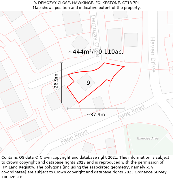 9, DEMOZAY CLOSE, HAWKINGE, FOLKESTONE, CT18 7PL: Plot and title map