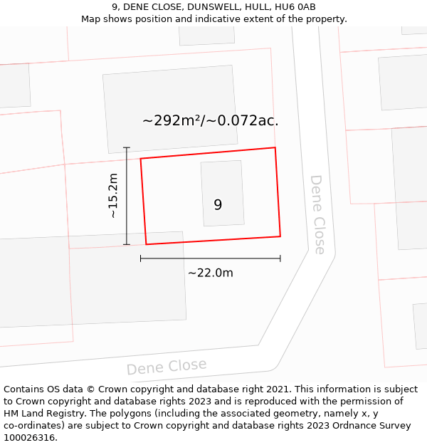 9, DENE CLOSE, DUNSWELL, HULL, HU6 0AB: Plot and title map