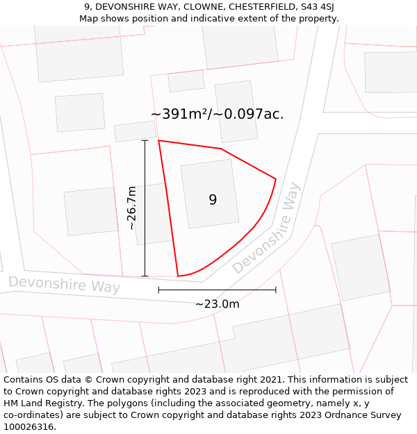 9, DEVONSHIRE WAY, CLOWNE, CHESTERFIELD, S43 4SJ: Plot and title map