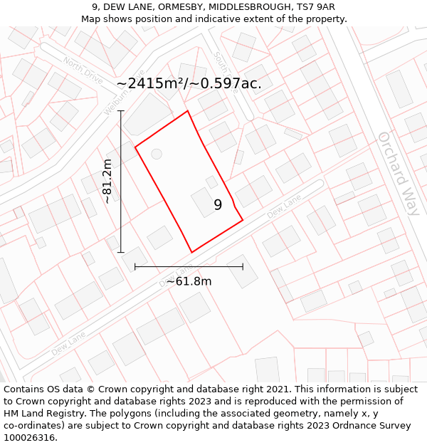 9, DEW LANE, ORMESBY, MIDDLESBROUGH, TS7 9AR: Plot and title map