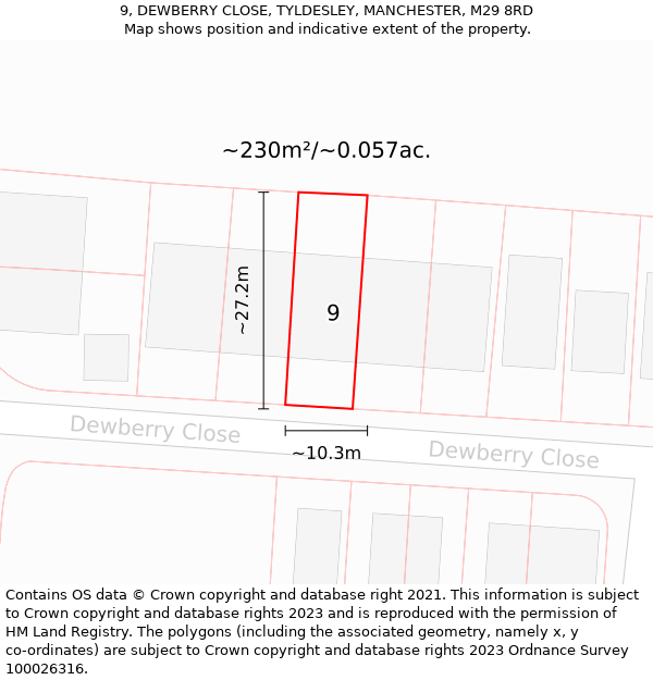 9, DEWBERRY CLOSE, TYLDESLEY, MANCHESTER, M29 8RD: Plot and title map