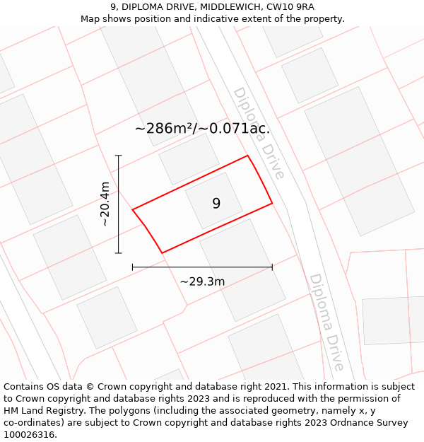 9, DIPLOMA DRIVE, MIDDLEWICH, CW10 9RA: Plot and title map