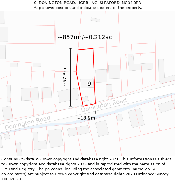 9, DONINGTON ROAD, HORBLING, SLEAFORD, NG34 0PR: Plot and title map