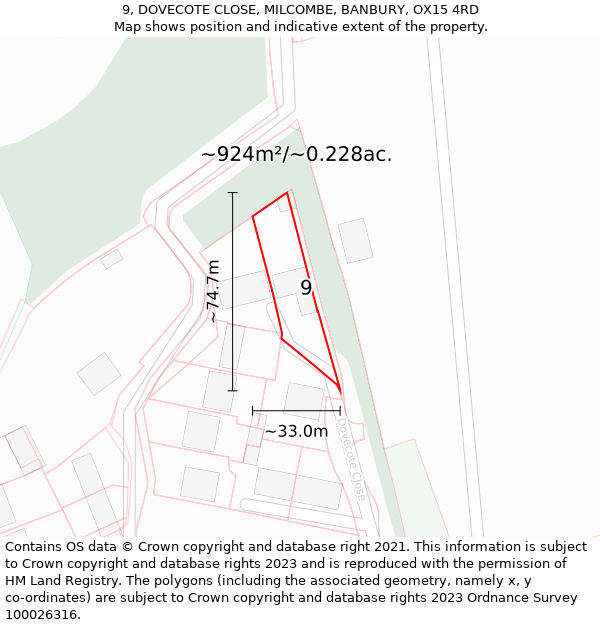 9, DOVECOTE CLOSE, MILCOMBE, BANBURY, OX15 4RD: Plot and title map