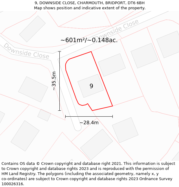 9, DOWNSIDE CLOSE, CHARMOUTH, BRIDPORT, DT6 6BH: Plot and title map