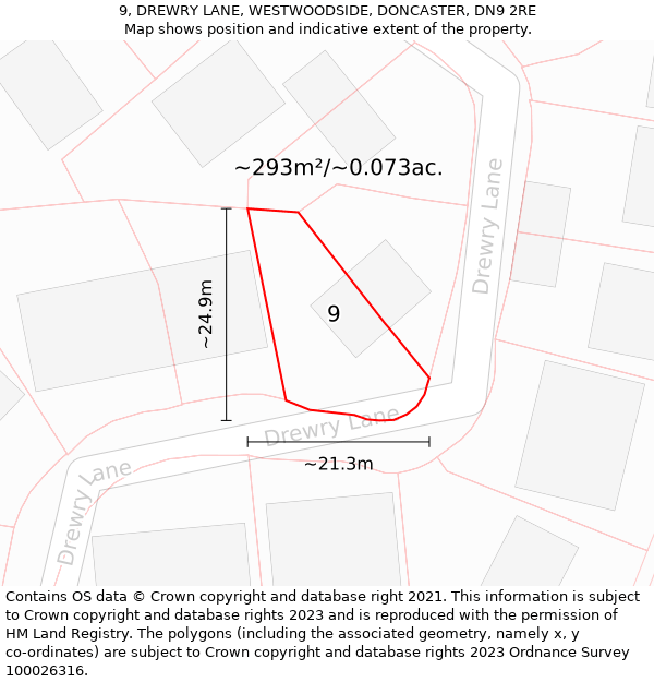 9, DREWRY LANE, WESTWOODSIDE, DONCASTER, DN9 2RE: Plot and title map