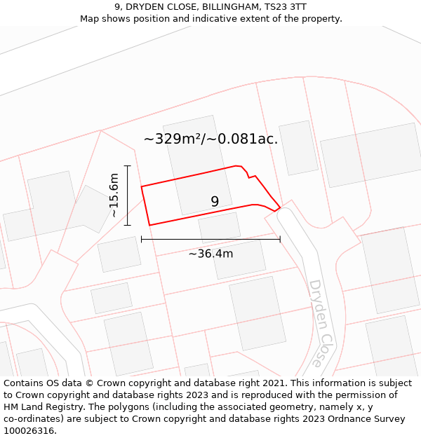 9, DRYDEN CLOSE, BILLINGHAM, TS23 3TT: Plot and title map