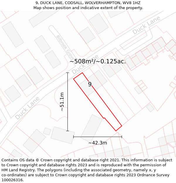 9, DUCK LANE, CODSALL, WOLVERHAMPTON, WV8 1HZ: Plot and title map