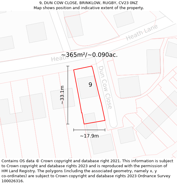 9, DUN COW CLOSE, BRINKLOW, RUGBY, CV23 0NZ: Plot and title map