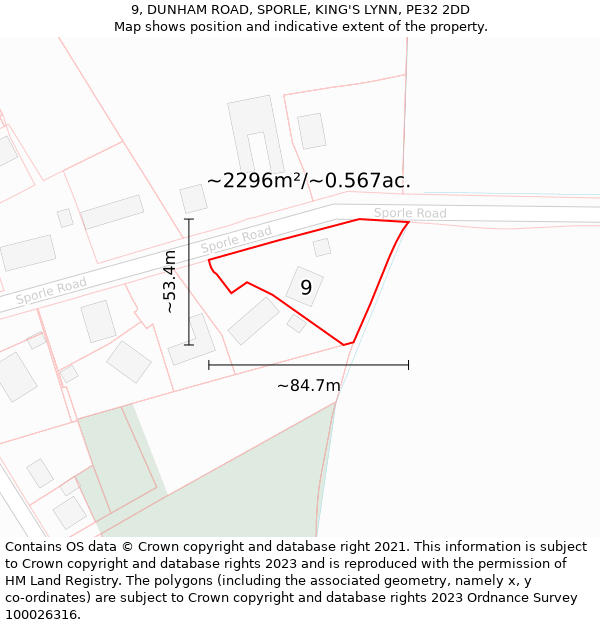 9, DUNHAM ROAD, SPORLE, KING'S LYNN, PE32 2DD: Plot and title map