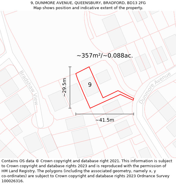 9, DUNMORE AVENUE, QUEENSBURY, BRADFORD, BD13 2FG: Plot and title map