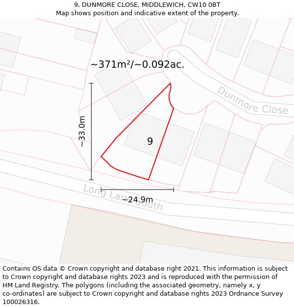 9, DUNMORE CLOSE, MIDDLEWICH, CW10 0BT: Plot and title map