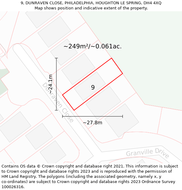 9, DUNRAVEN CLOSE, PHILADELPHIA, HOUGHTON LE SPRING, DH4 4XQ: Plot and title map