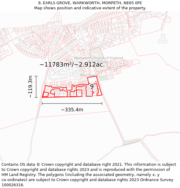 9, EARLS GROVE, WARKWORTH, MORPETH, NE65 0FE: Plot and title map