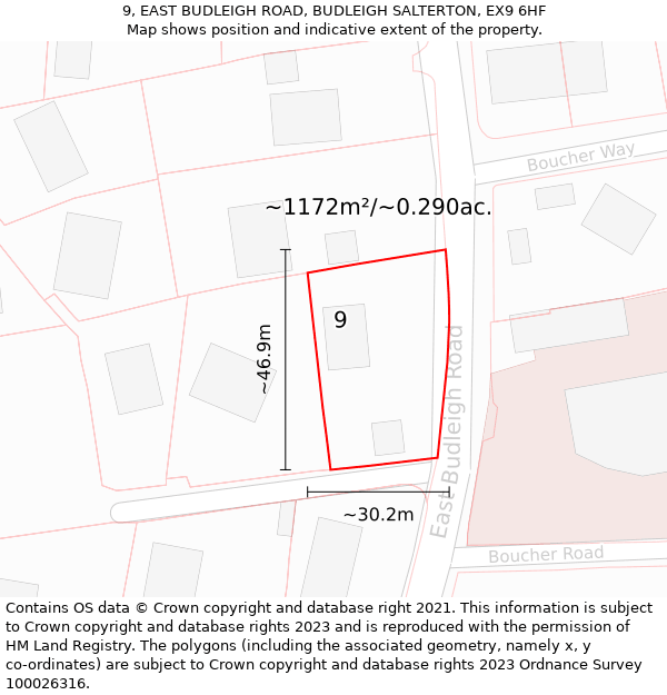 9, EAST BUDLEIGH ROAD, BUDLEIGH SALTERTON, EX9 6HF: Plot and title map