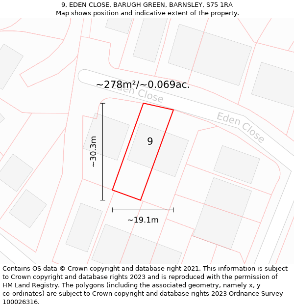 9, EDEN CLOSE, BARUGH GREEN, BARNSLEY, S75 1RA: Plot and title map