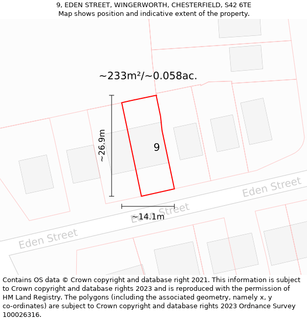 9, EDEN STREET, WINGERWORTH, CHESTERFIELD, S42 6TE: Plot and title map