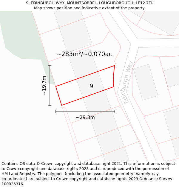 9, EDINBURGH WAY, MOUNTSORREL, LOUGHBOROUGH, LE12 7FU: Plot and title map