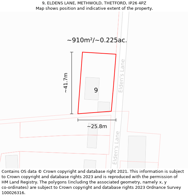 9, ELDENS LANE, METHWOLD, THETFORD, IP26 4PZ: Plot and title map