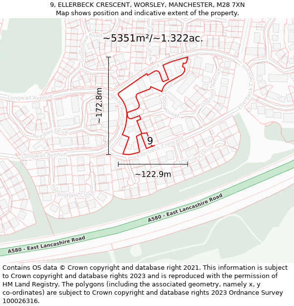 9, ELLERBECK CRESCENT, WORSLEY, MANCHESTER, M28 7XN: Plot and title map