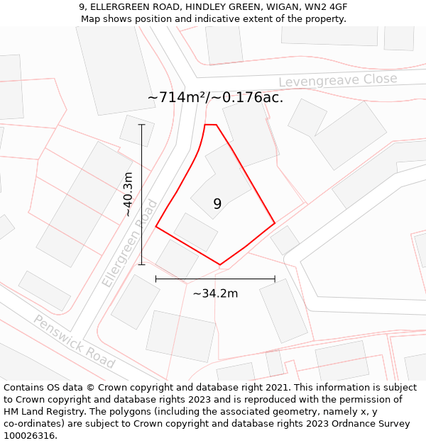 9, ELLERGREEN ROAD, HINDLEY GREEN, WIGAN, WN2 4GF: Plot and title map