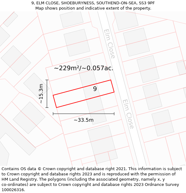 9, ELM CLOSE, SHOEBURYNESS, SOUTHEND-ON-SEA, SS3 9PF: Plot and title map