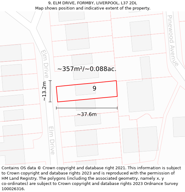 9, ELM DRIVE, FORMBY, LIVERPOOL, L37 2DL: Plot and title map