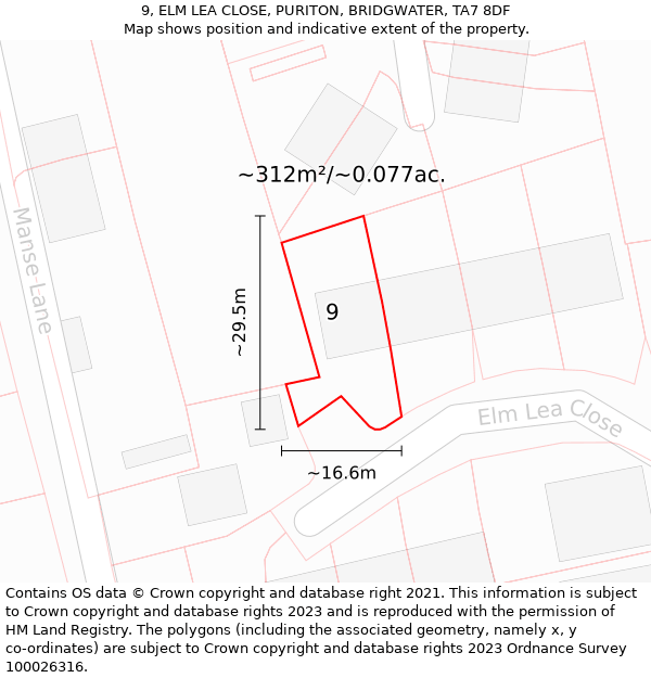 9, ELM LEA CLOSE, PURITON, BRIDGWATER, TA7 8DF: Plot and title map