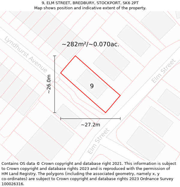 9, ELM STREET, BREDBURY, STOCKPORT, SK6 2PT: Plot and title map