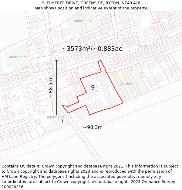 9, ELMTREE DRIVE, GREENSIDE, RYTON, NE40 4LR: Plot and title map