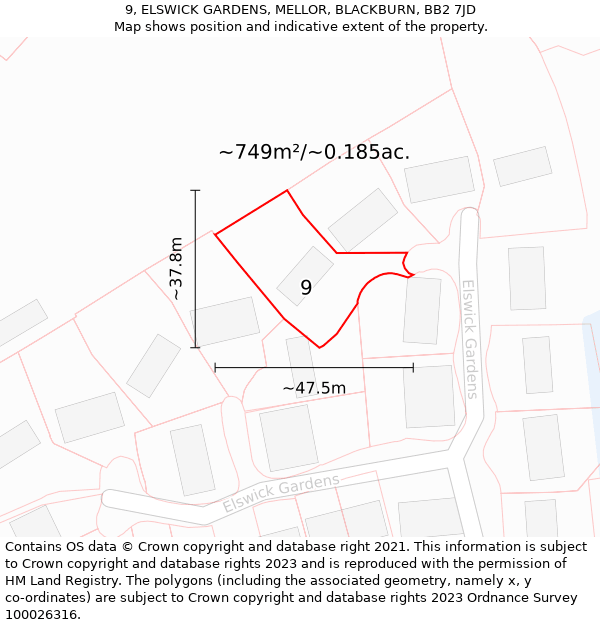 9, ELSWICK GARDENS, MELLOR, BLACKBURN, BB2 7JD: Plot and title map