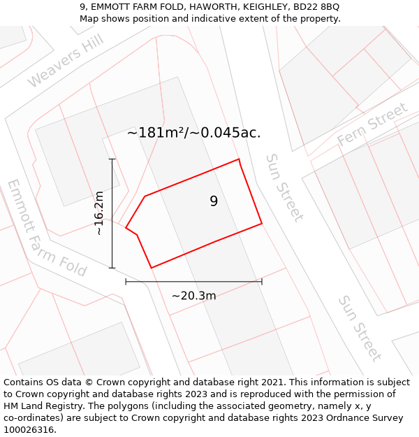 9, EMMOTT FARM FOLD, HAWORTH, KEIGHLEY, BD22 8BQ: Plot and title map