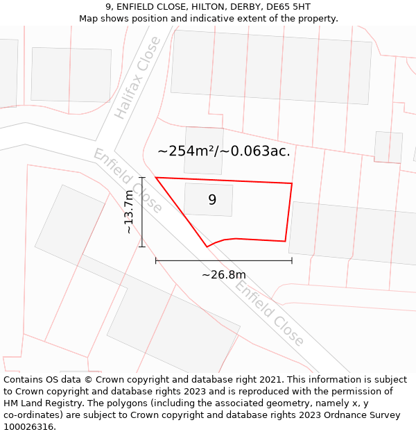 9, ENFIELD CLOSE, HILTON, DERBY, DE65 5HT: Plot and title map