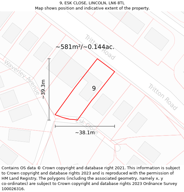 9, ESK CLOSE, LINCOLN, LN6 8TL: Plot and title map