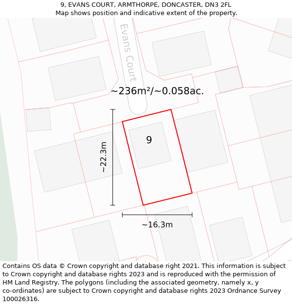 9, EVANS COURT, ARMTHORPE, DONCASTER, DN3 2FL: Plot and title map