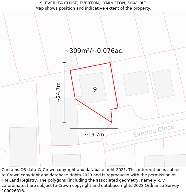 9, EVERLEA CLOSE, EVERTON, LYMINGTON, SO41 0LT: Plot and title map