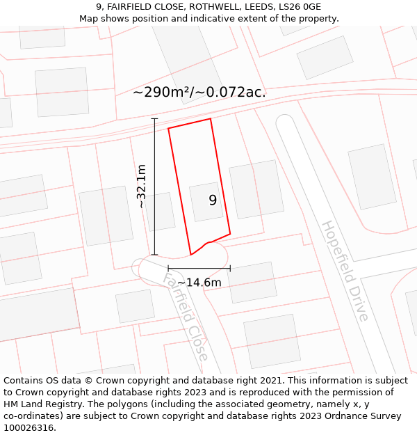 9, FAIRFIELD CLOSE, ROTHWELL, LEEDS, LS26 0GE: Plot and title map