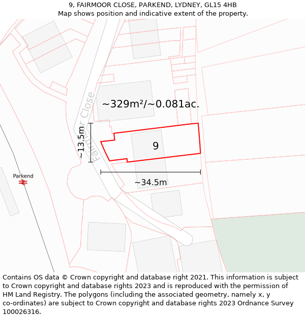 9, FAIRMOOR CLOSE, PARKEND, LYDNEY, GL15 4HB: Plot and title map