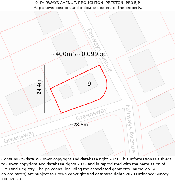 9, FAIRWAYS AVENUE, BROUGHTON, PRESTON, PR3 5JP: Plot and title map