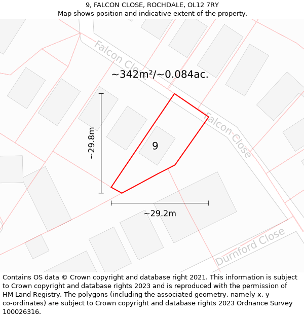 9, FALCON CLOSE, ROCHDALE, OL12 7RY: Plot and title map