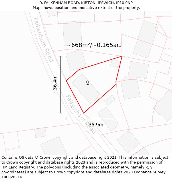 9, FALKENHAM ROAD, KIRTON, IPSWICH, IP10 0NP: Plot and title map