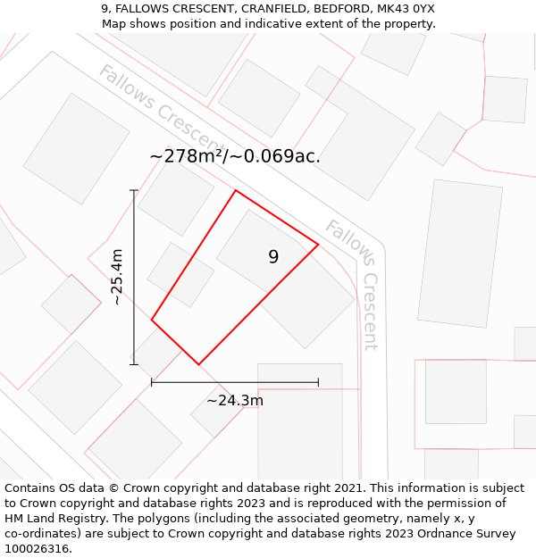 9, FALLOWS CRESCENT, CRANFIELD, BEDFORD, MK43 0YX: Plot and title map