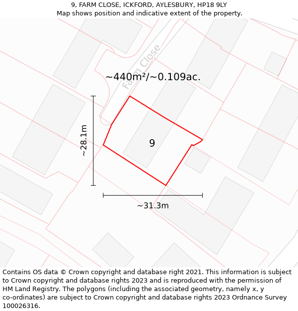 9, FARM CLOSE, ICKFORD, AYLESBURY, HP18 9LY: Plot and title map