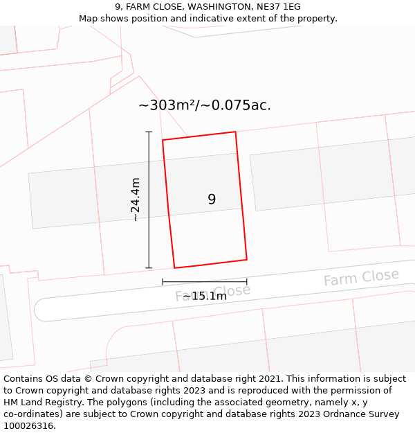 9, FARM CLOSE, WASHINGTON, NE37 1EG: Plot and title map