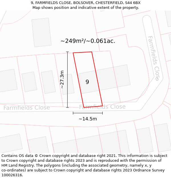 9, FARMFIELDS CLOSE, BOLSOVER, CHESTERFIELD, S44 6BX: Plot and title map