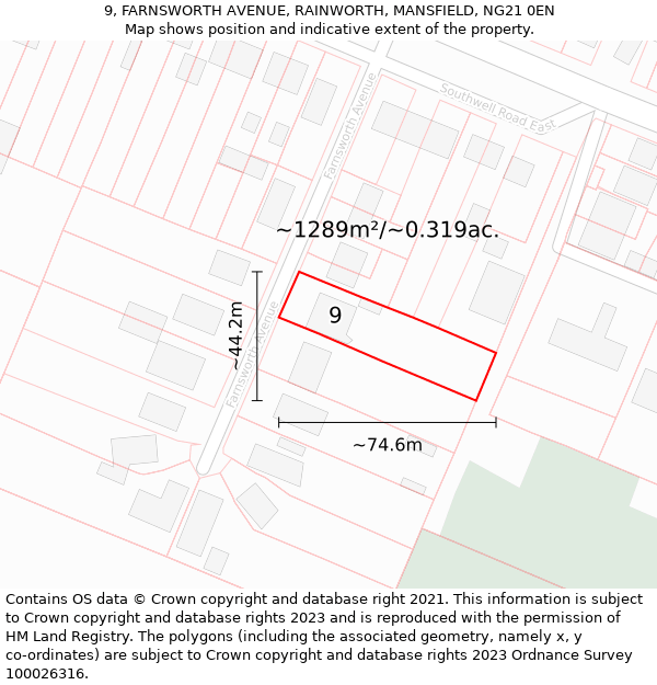 9, FARNSWORTH AVENUE, RAINWORTH, MANSFIELD, NG21 0EN: Plot and title map